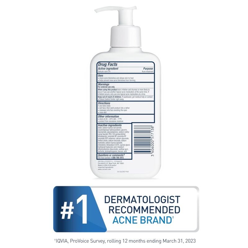 CeraVe Acne Control Cleanser, 2% Salicylic Acid Treatment Formulated With Niacinamide + Ceramides + Oil Absorbing Clay, Gentle Face Wash Helps Clear & Prevent Acne, Fragrance Free, 16 Ounce - Image 7