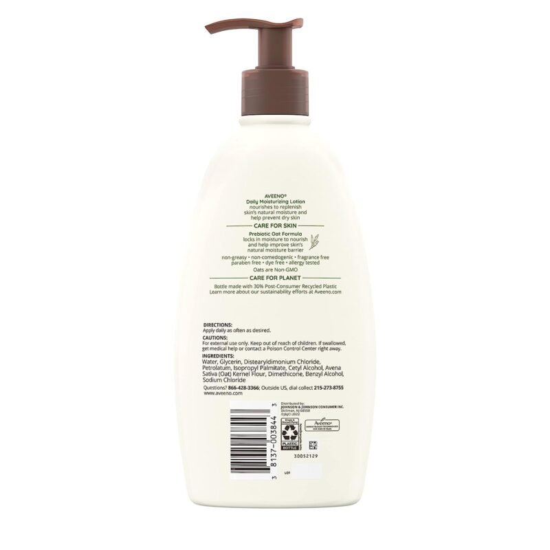 Aveeno Daily Moisturizing Body Lotion, Body Lotion for Dry Skin with Prebiotic Oat, Paraben Free, Fragrance Free, Non-Greasy, Non-Comedogenic Moisturizer, 18 FL OZ - Image 9