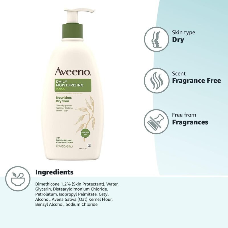 Aveeno Daily Moisturizing Body Lotion, Body Lotion for Dry Skin with Prebiotic Oat, Paraben Free, Fragrance Free, Non-Greasy, Non-Comedogenic Moisturizer, 18 FL OZ - Image 10