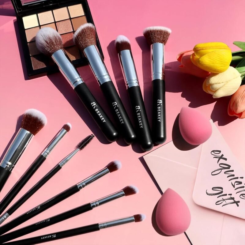BEAKEY Makeup Brushes Set, Professional Foundation Eyeshadow Concealer Blush Powder Bronzer Applicator, 2 Blender Sponge with Beauty Paper Case - Image 8