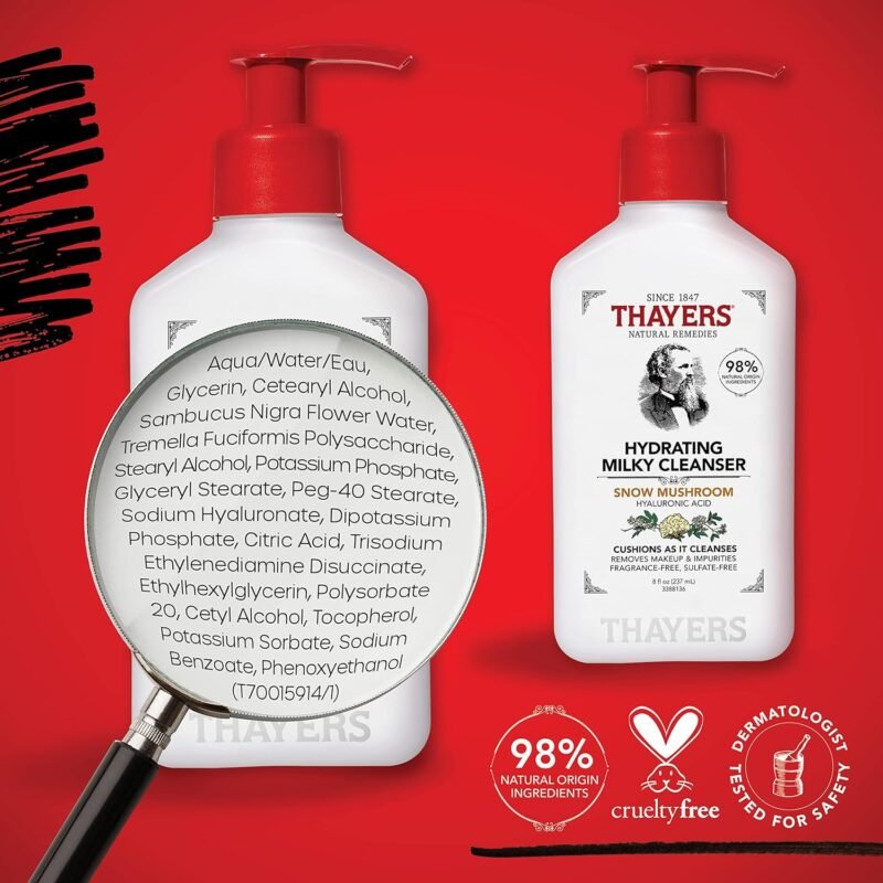Thayers Milky Face Cleanser with Snow Mushroom, Hyaluronic Acid - Gentle, Hydrating, Dermatologist Recommended for Dry, Sensitive Skin - Paraben Free, 8 oz - Image 6