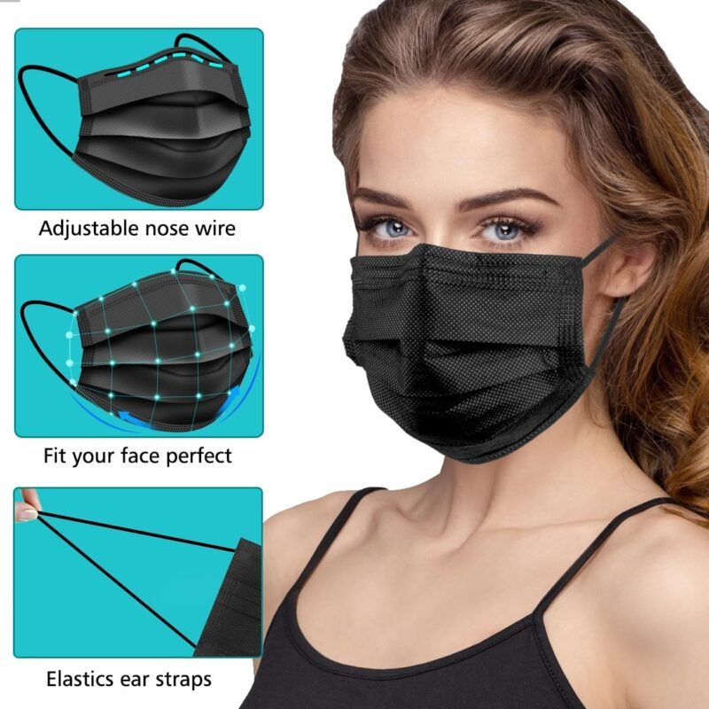 100 PCS Disposable Face Masks, Black Disposable Masks, 3 Ply Protection Face Masks - Image 3
