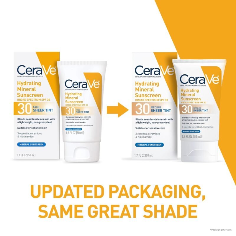 CeraVe Hydrating Mineral Sunscreen SPF 30 with Sheer Tint, Tinted Mineral Sunscreen with Zinc Oxide & Titanium Dioxide, Blends Seamlessly For Healthy Glow, Medium, 1.7 Fluid Ounce - Image 2