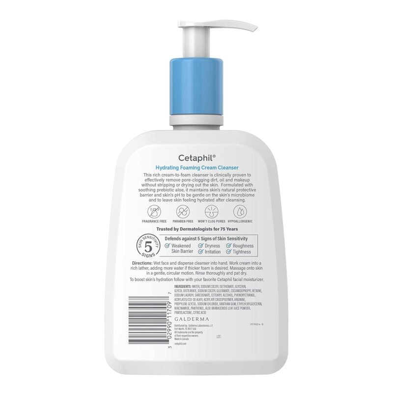 Cetaphil Cream to Foam Face Wash, Hydrating Foaming Cream Cleanser, 16 oz, For Normal to Dry, Sensitive Skin, with Soothing Prebiotic Aloe, Hypoallergenic, Fragrance Free - Image 2