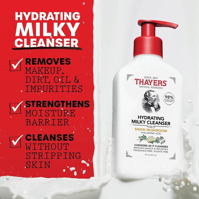 Thayers Milky Face Cleanser with Snow Mushroom, Hyaluronic Acid - Gentle, Hydrating, Dermatologist Recommended for Dry, Sensitive Skin - Paraben Free, 8 oz - Image 2