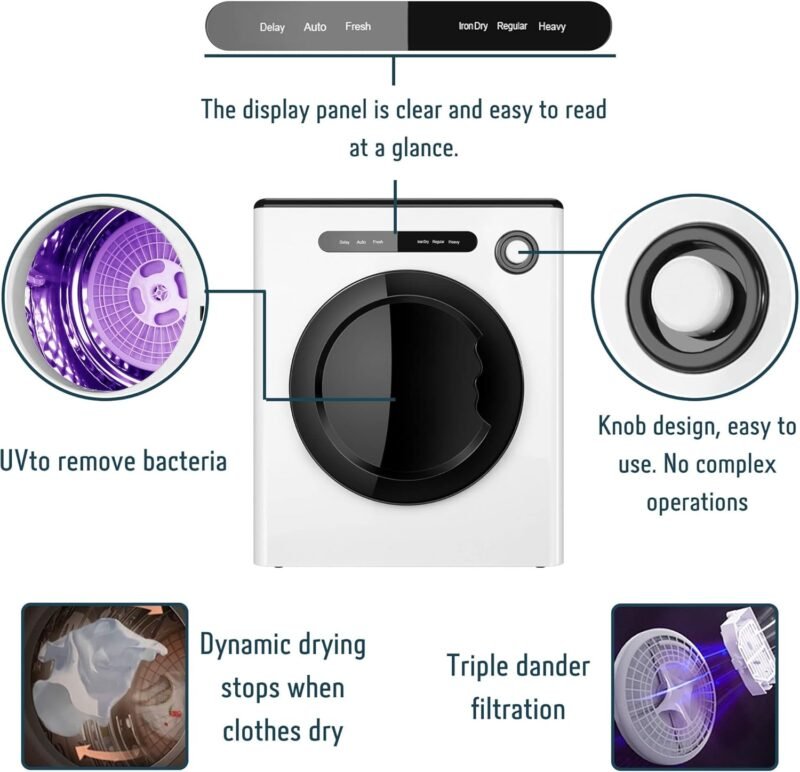 11LBS Compact Dryer 950W Portable Clothes Dryer Machine for Small Spaces, RVs and Apartments - Quiet, Sturdy ，Easy to Use and LED Display - Image 3