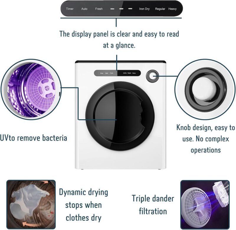 Clothes Dryer, 970w, 1.6 Cu.Ft. Machine for laundry with Stainless Steel Drum, 11lbs with Exhaust Hose,Digital Control, Auto Stop with Hygrometer Sensor, Dryer for Apartments, Home, RV, Dorms - Image 3