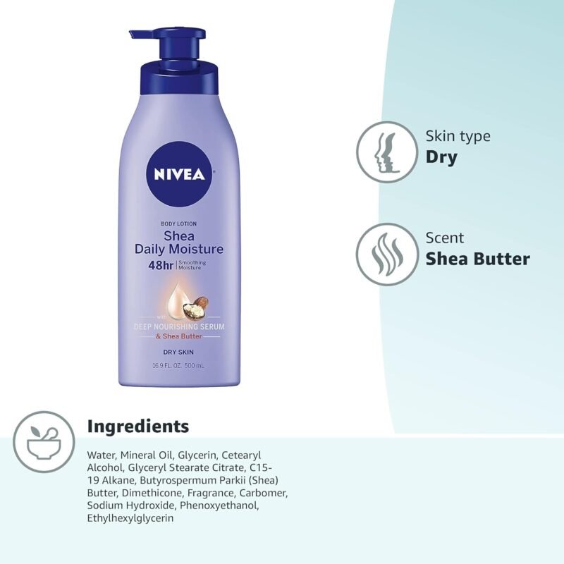 NIVEA Shea Nourish Body Lotion with Deep Nourishing Serum and Shea Butter, 48-Hour Moisturizing Body Lotion for Dry Skin, Nourishes and Smooths Dry Skin, 16.9 Fl Oz Pump Bottle - Image 15