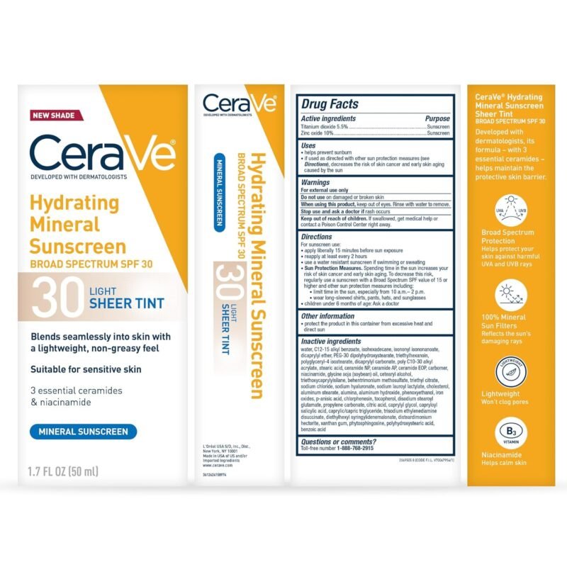 CeraVe Hydrating Mineral Sunscreen SPF 30 with Sheer Tint, Tinted Mineral Sunscreen with Zinc Oxide & Titanium Dioxide, Blends Seamlessly For Healthy Glow, Light, 1.7 Oz - Image 7