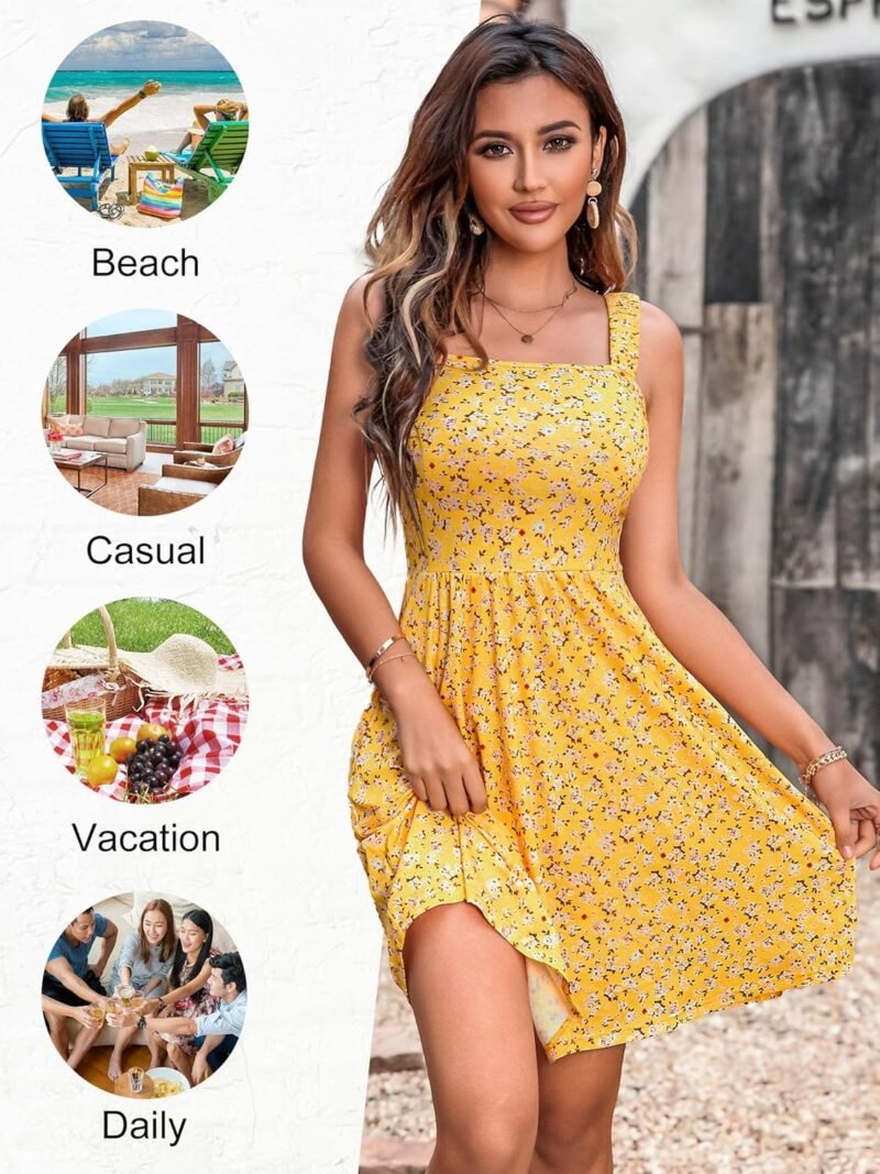 HUHOT Women's Summer Casual Square Neck Dress with Pocket Cute Sleeveless High Waist A-line Sundress Midi Dresses - Image 4
