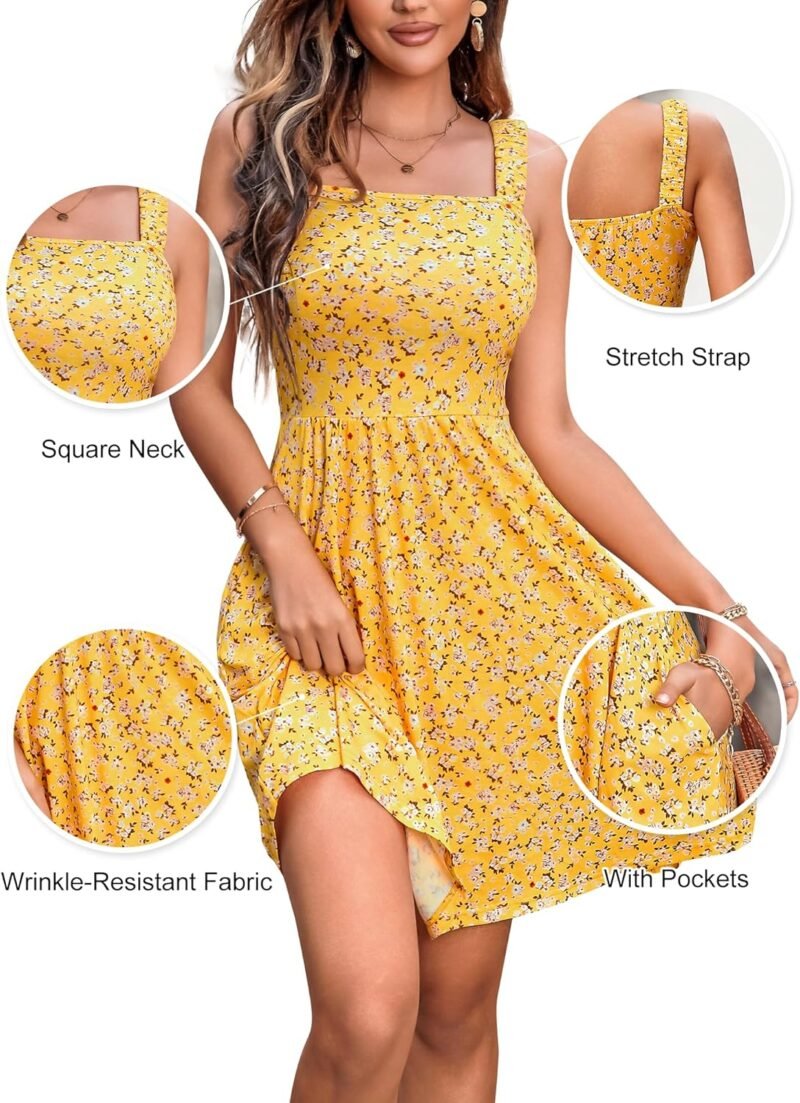 HUHOT Women's Summer Casual Square Neck Dress with Pocket Cute Sleeveless High Waist A-line Sundress Midi Dresses - Image 5