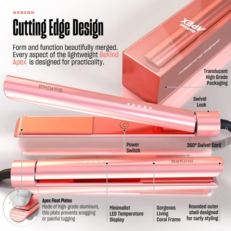 Bekind Apex 2-in-1 Hair Straightener Flat Iron | 1“ 460°F Straightener and Curler for All Hairstyles | UltraSmooth Tech | 15s Fast Heating & Temp Memory | Gift Set for Girls Women (Apex Peach) - Image 4