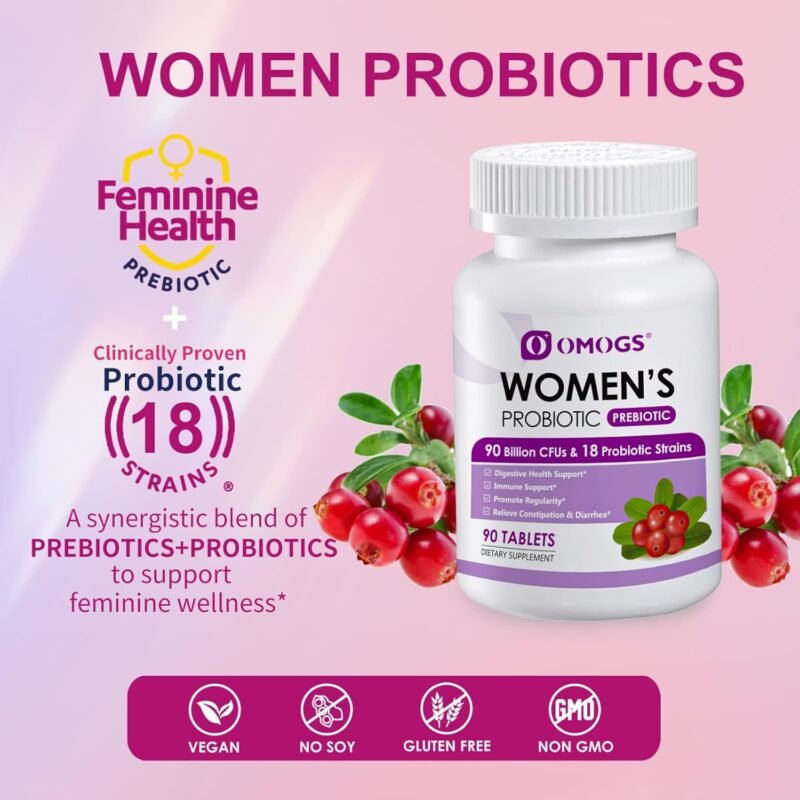 Women's Probiotic, with Cranberry Extract, Organic Prebiotics & Vitamin C, 90 Billion CFUs,18 Strains, Help for Boost Immune, Digestive, Gut Health & Women's Health, Gluten & Soy Free,90 Tablets - Image 4
