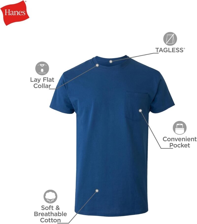 Hanes Men's Pocket Undershirt Pack, Cotton Crew Neck T-Shirt, Moisture Wicking Tee, Assorted 6-Pack - Image 4