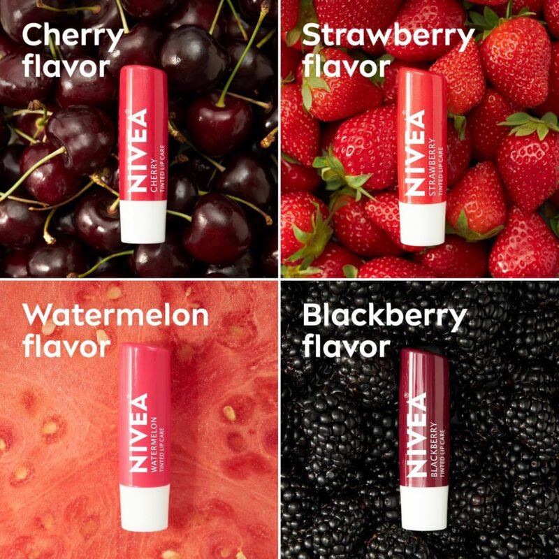 NIVEA Lip Care, Fruity Tinted Lip Balm Variety Pack, Cherry, Strawberry, Blackberry and Watermelon Flavors, 3-in-1 Moisture, Repair and Color, 0.17 Oz Stick, Pack of 4 - Image 5