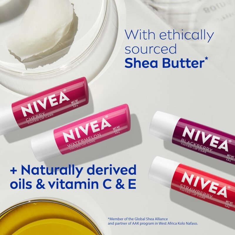 NIVEA Lip Care, Fruity Tinted Lip Balm Variety Pack, Cherry, Strawberry, Blackberry and Watermelon Flavors, 3-in-1 Moisture, Repair and Color, 0.17 Oz Stick, Pack of 4 - Image 8