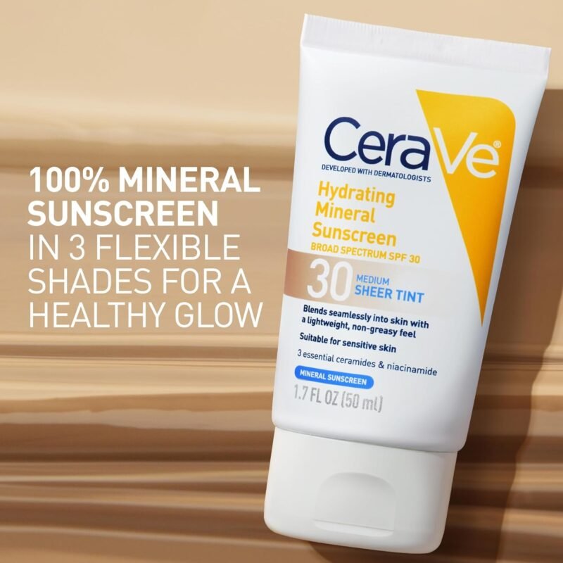 CeraVe Hydrating Mineral Sunscreen SPF 30 with Sheer Tint, Tinted Mineral Sunscreen with Zinc Oxide & Titanium Dioxide, Blends Seamlessly For Healthy Glow, Light, 1.7 Oz - Image 2