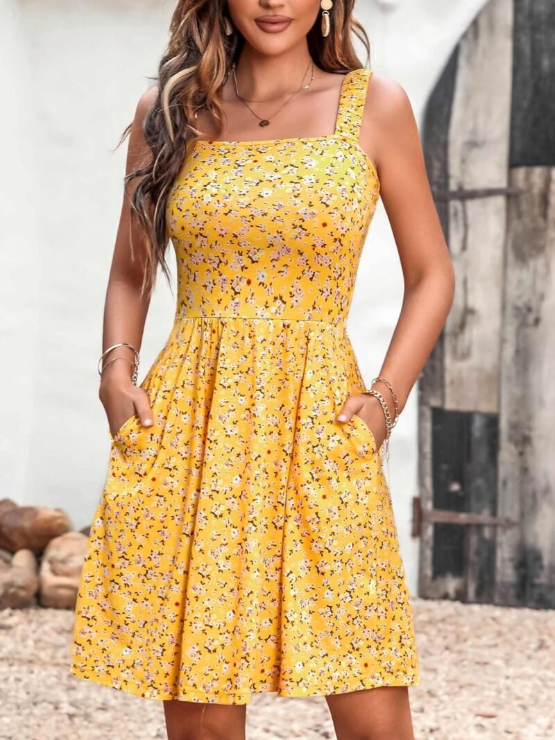 HUHOT Women's Summer Casual Square Neck Dress with Pocket Cute Sleeveless High Waist A-line Sundress Midi Dresses - Image 2