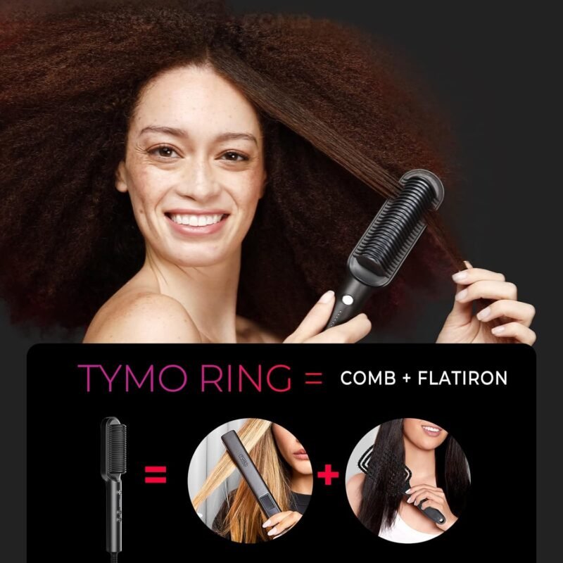 Hair Straightener Brush, TYMO Ring Hair Straightener Comb Straightening Brush for Women with 5 Temps 20s Fast Heating & Dual Voltage, Black - Image 2
