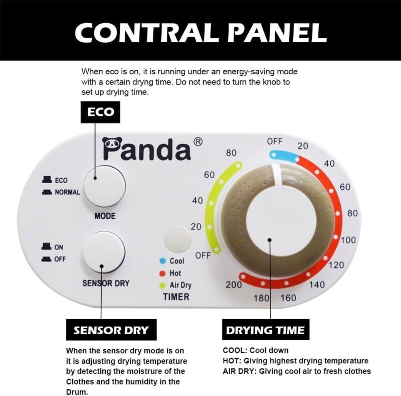 Panda Compact Dryer 13.2 lbs Load Volume 110V 1500W Portable Clothes Dryer 3.5 cu.ft. Stainless Steel Tub, 4 Drying Modes - Image 2