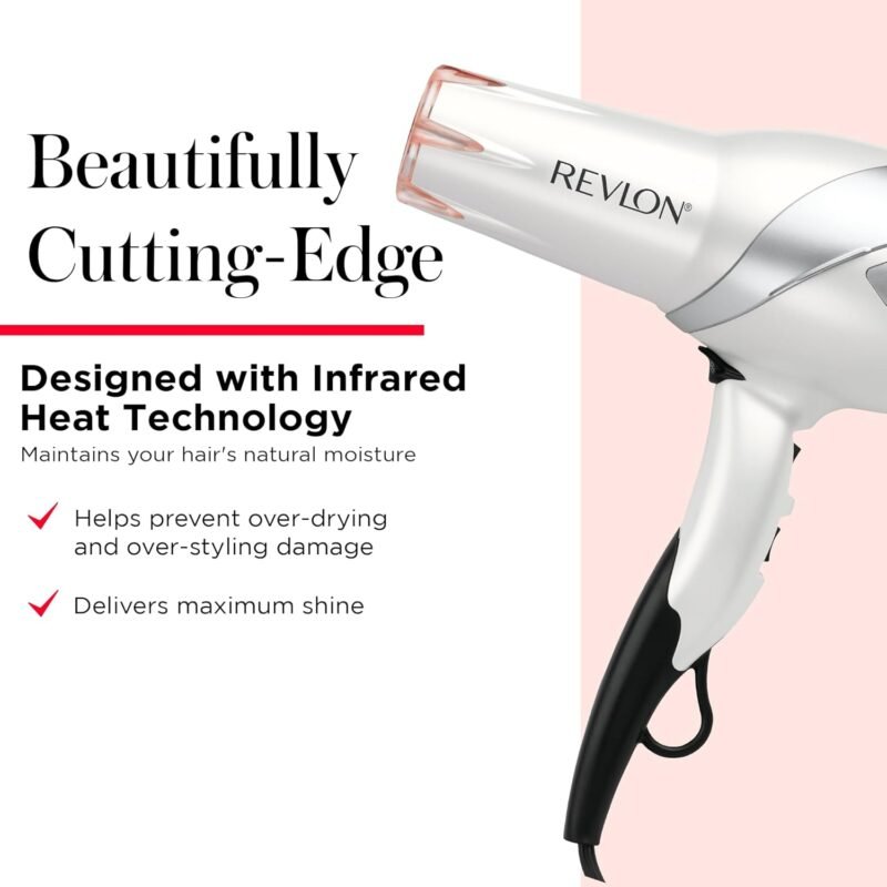 REVLON Infrared Hair Dryer with Diffuser - Ionic Blow Dryer, Diffuser, and Concentrator, Infrared Heat Technology to Prevent Over-Drying for Shiny, Soft Hair with Natural Moisture (White) - Image 2