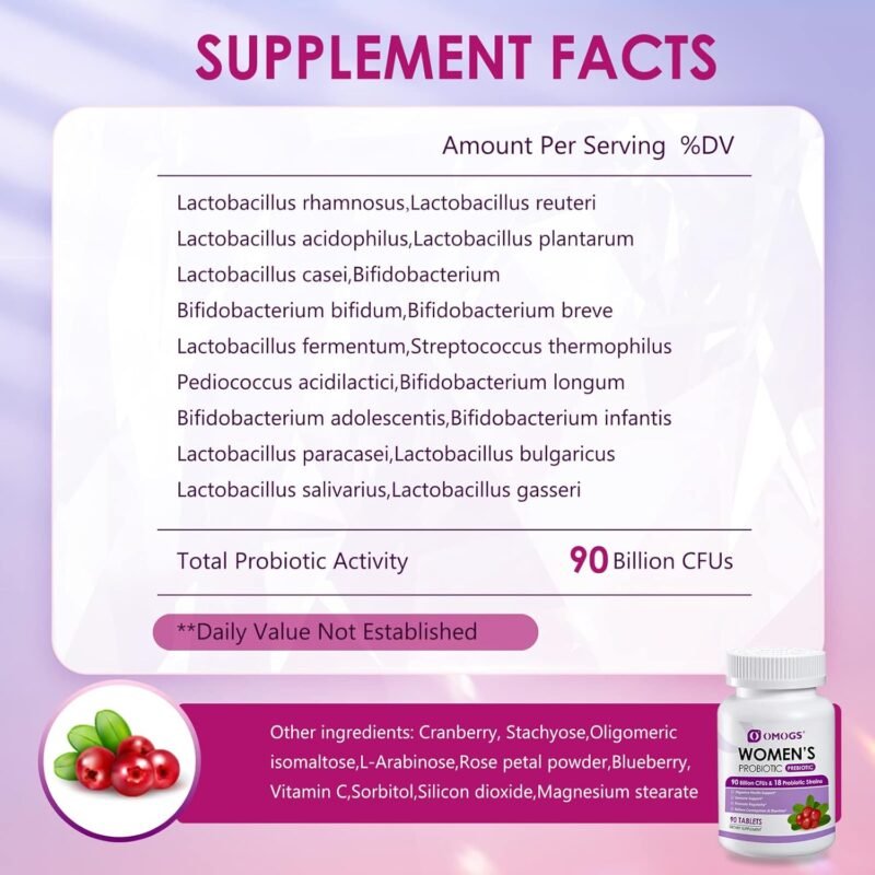 Women's Probiotic, with Cranberry Extract, Organic Prebiotics & Vitamin C, 90 Billion CFUs,18 Strains, Help for Boost Immune, Digestive, Gut Health & Women's Health, Gluten & Soy Free,90 Tablets - Image 2