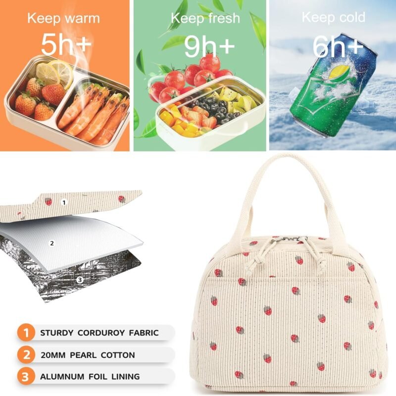Bluboon Lunch Bag for Women Men Cute Corduroy Lunch Tote Bags Reusable Insulated Lunch Box Large Capacity Reusable Insulated Cooler for Work Picnic or Travel - Image 4