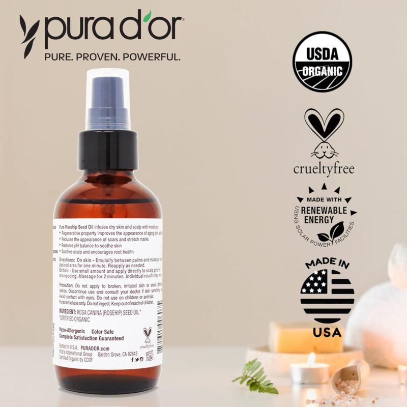 PURA D'OR 4 Oz ORGANIC Rosehip Seed Oil Hair Relaxer 100% Pure Cold Pressed USDA Certified All Natural For Anti-Aging, Scar Treatment, Face, Hair Relaxer & Skin Moisturizer - Women & Men - Image 7