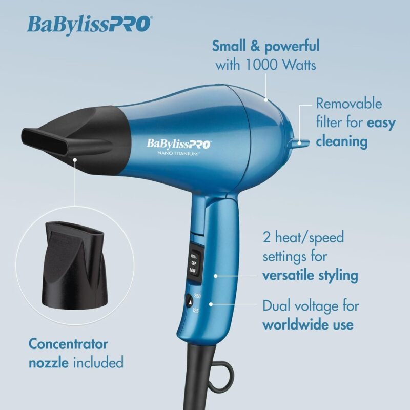 BaBylissPRO Nano Titanium Travel Dryer, Blue - Image 3