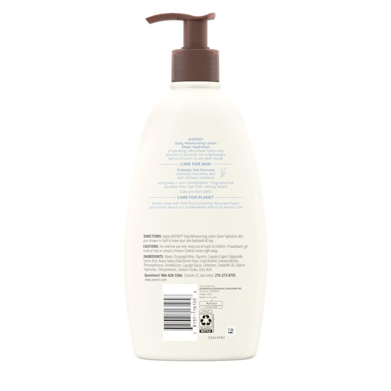 Aveeno Sheer Hydration Daily Moisturizing Fragrance-Free Lotion with Nourishing Prebiotic Oat, Fast-Absorbing Body Moisturizer for Dry Skin with Lightweight, Breathable Feel, 18 fl. oz - Image 9