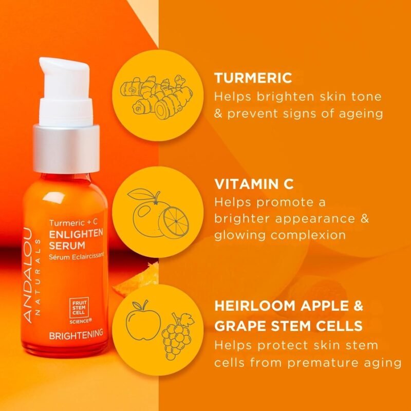 Andalou Naturals Turmeric + C Enlighten Serum, Skin Smoothing Serum with Vitamin C & Turmeric, Anti Aging Skin Care, Diminish Sun Damage and Refine Skin, 1.1 Fl Oz - Image 3