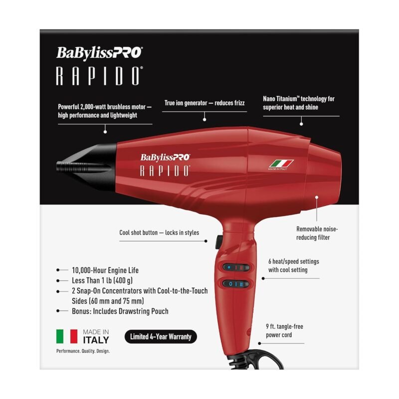 BaBylissPRO Nano Titanium Italian Rapido Hair Dryer - Professional, Lightweight 2000 Watt Blow Dryer - Image 3