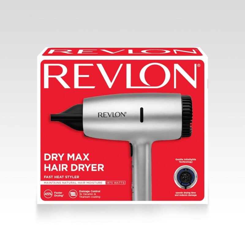 REVLON Dry Max Hair Dryer with Diffuser for Natural Curls| Prevents Frizz, Speeds Drying Time, and Reduces Damage, Plus Concentrator for Precise Styling, 1875 Watts (Silver) - Image 7