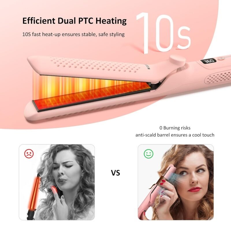 360° Airflow Styler Curling Iron - 1.25 Inch Hair Straightener and Curler 2 in 1 with Vented Cool Air to Lock in Style, Extra LongFlat Iron Curling Wand, Dual Voltage for Europe Travel - Image 4