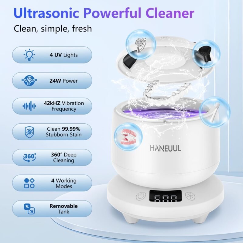 2025 Ultrasonic Retainer Cleaner for Dentures & Aligner, Durable Removable Base and Top Cover, Denture Cleaner Machine with 4 Modes for Mouth Guards, Jewelry, Rings, etc (White) - Image 2