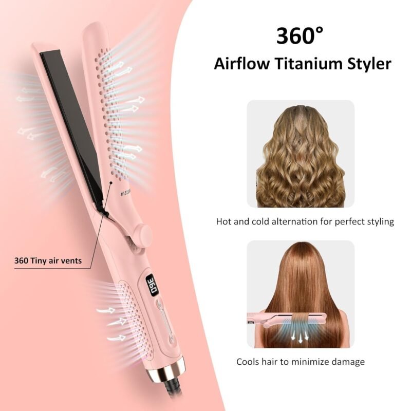 360° Airflow Styler Curling Iron - 1.25 Inch Hair Straightener and Curler 2 in 1 with Vented Cool Air to Lock in Style, Extra LongFlat Iron Curling Wand, Dual Voltage for Europe Travel - Image 2