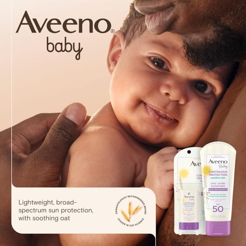 Aveeno Baby Continuous Protection Zinc Oxide Mineral Sunscreen Lotion for Sensitive Skin, Broad Spectrum SPF 50, Tear-Free, Sweat- & Water-Resistant, Paraben-Free, Travel-Size, 3 fl. oz - Image 2