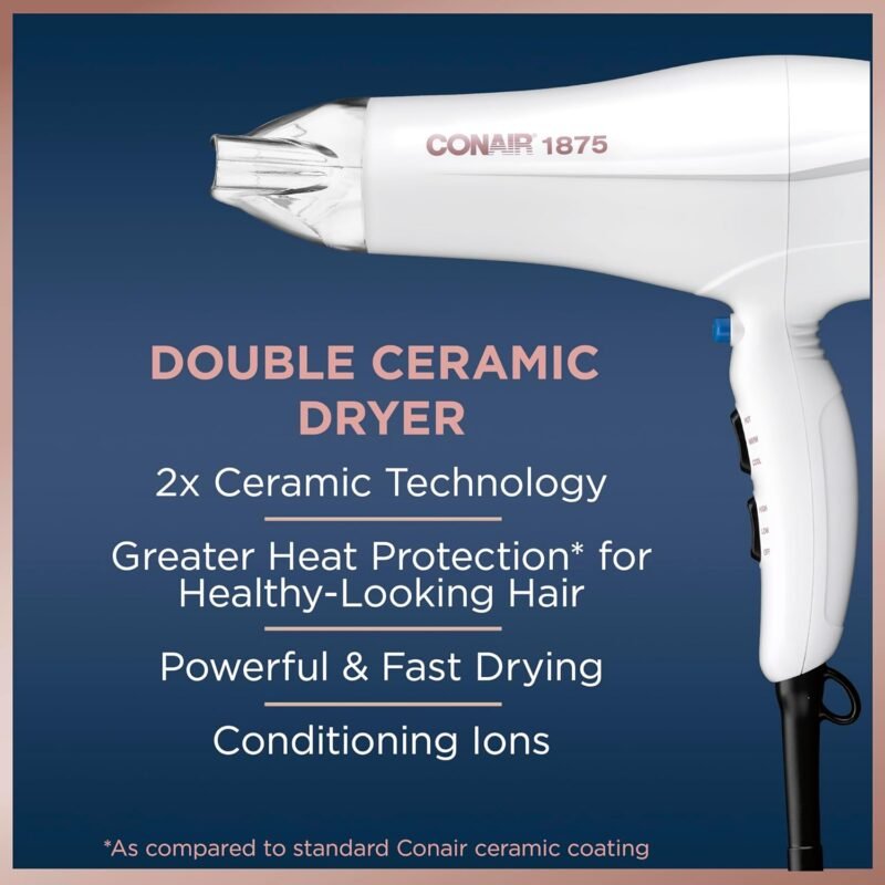 Conair Double Ceramic Hair Dryer with Diffuser | Blow Dryer with Ionic Conditioning | Includes Diffuser and Concentrator | Amazon Exclusive - Image 2
