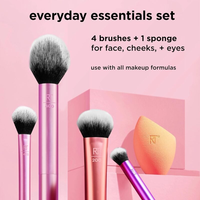 Real Techniques 5 Piece Everyday Essentials Makeup Brush Set, Includes 4 Brushes & Makeup Sponge, For Foundation, Blush, Bronzer, Contour, Eyeshadow, & Powder, Travel Gift Set, Cruelty-Free & Vegan - Image 3