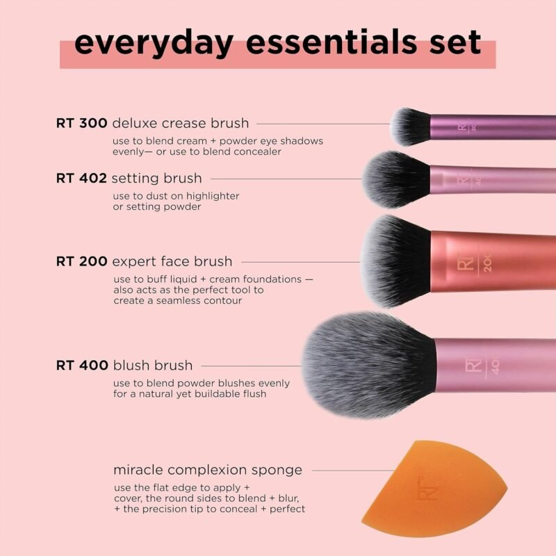Real Techniques 5 Piece Everyday Essentials Makeup Brush Set, Includes 4 Brushes & Makeup Sponge, For Foundation, Blush, Bronzer, Contour, Eyeshadow, & Powder, Travel Gift Set, Cruelty-Free & Vegan - Image 4