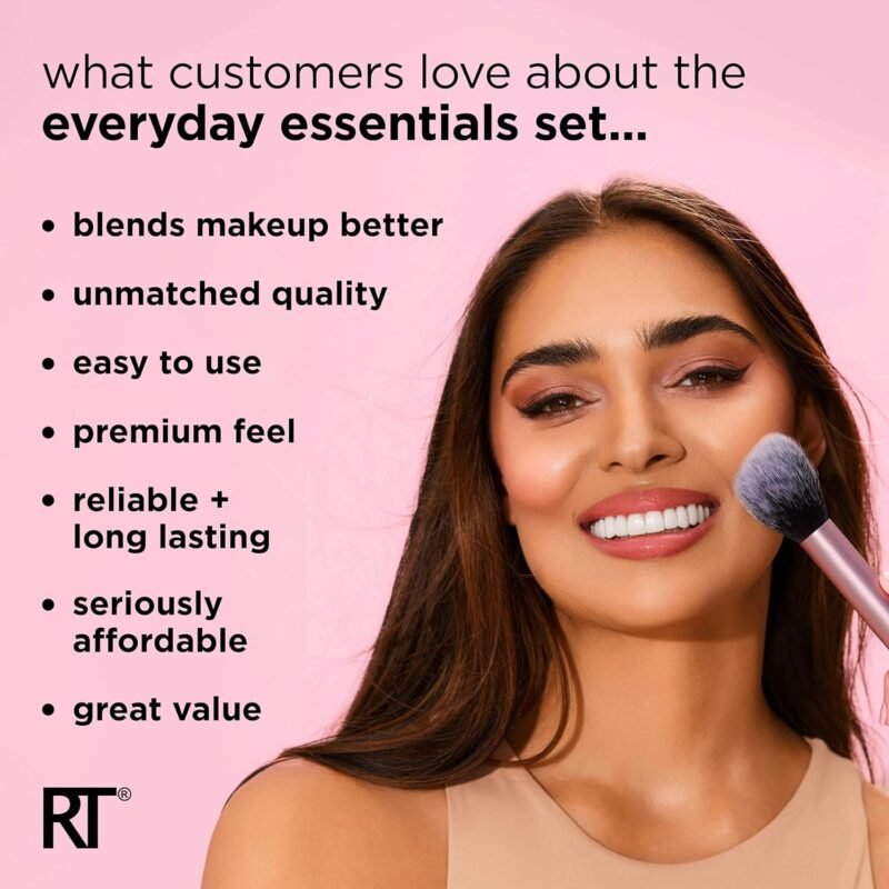 Real Techniques 5 Piece Everyday Essentials Makeup Brush Set, Includes 4 Brushes & Makeup Sponge, For Foundation, Blush, Bronzer, Contour, Eyeshadow, & Powder, Travel Gift Set, Cruelty-Free & Vegan - Image 5