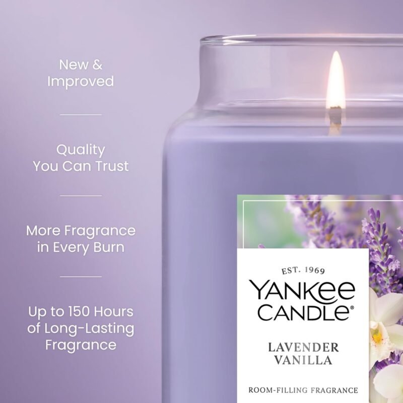 Yankee Candle Large Jar Scented Candle with up to 150 Hour Burn Time, Premium Plant Wax Blend for Consistent Burn, 22 oz Jar Candle with Room Filling Fragrance, Lavender Vanilla - Image 3