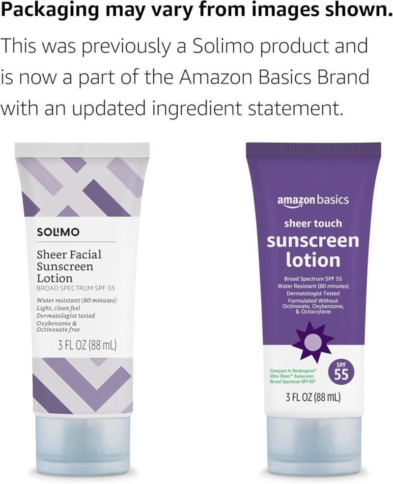 Amazon Basics Sheer Facial Sunscreen SPF 55, UVA/UVB Protection, Unscented, Lightweight, Water Resistant, Formulated without Octinoxate & Oxybenzone, 3 fl oz (Pack of 1) (Previously Solimo) - Image 3