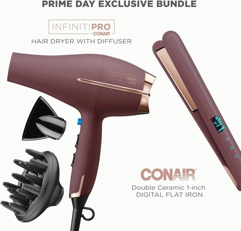 Conair Limited Edition Bundle | INFINITIPRO by CONAIR Hair Dryer with Diffuser - and - Conair Double Ceramic 1-inch Digital Flat Iron | Plum | Amazon Exclusive - Image 2