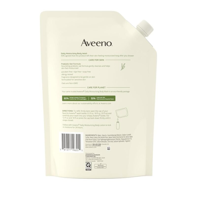 Aveeno Daily Moisturizing Body Wash for Sensitive Skin + Prebiotic Oat, Gently Cleanses, Nourishes & Feels Moisturizing Dry Skin, Light Fragrance, Refill Pouch, 36 fl. oz - Image 9