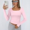 Trendy Queen Womens Long Sleeve Shirts Crop Tops Fall Fashion 2025 Square Neck Going Out Basics Tees Y2k Clothes - Image 2
