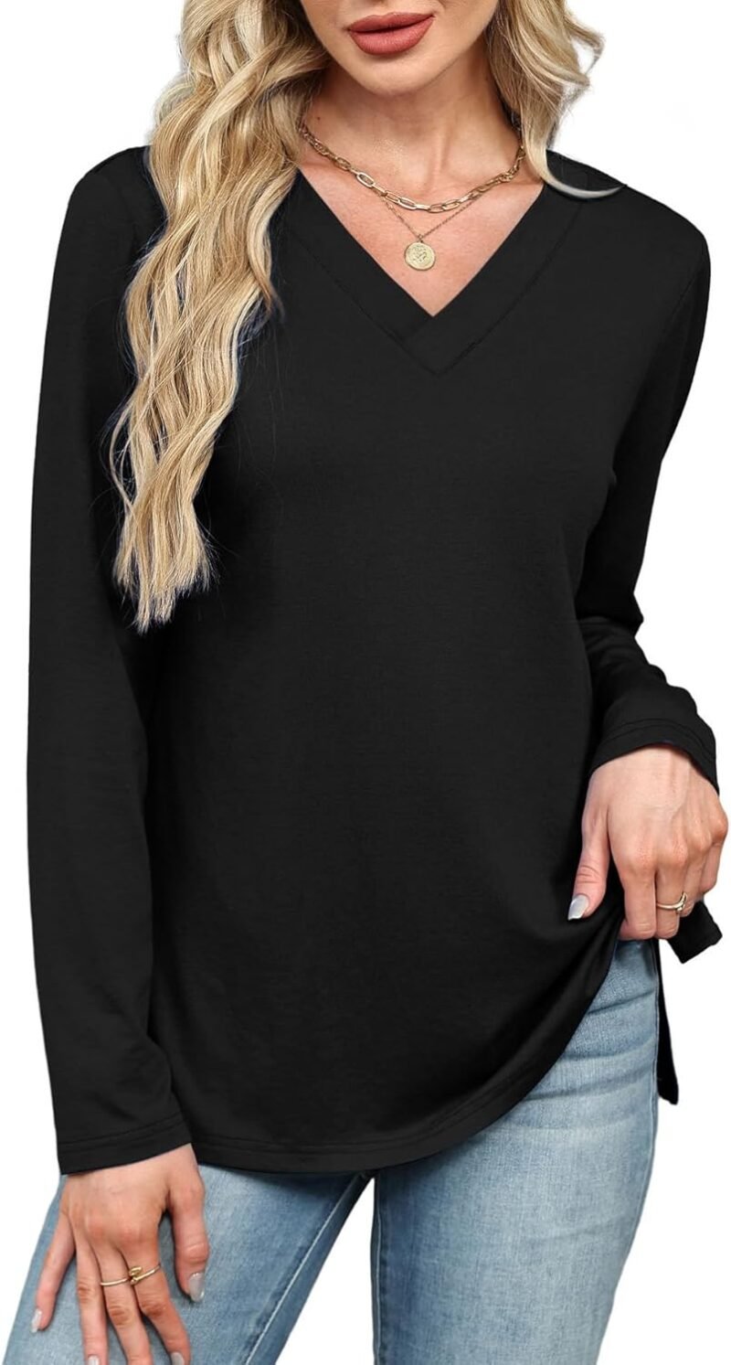 WIHOLL Women's Long Sleeve Shirts 2025 Fall Fashion Clothes Split Hem V Neck Tops - Image 2